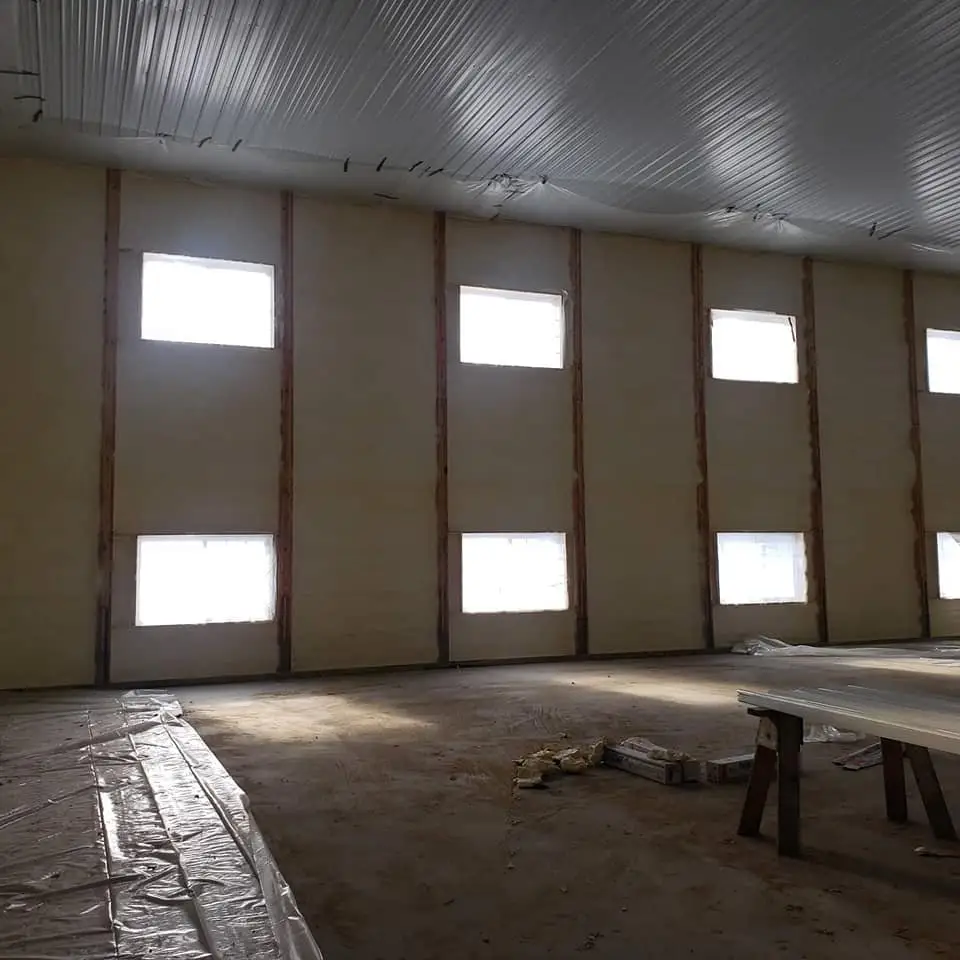 Pole barn interior fully sprayed with foam